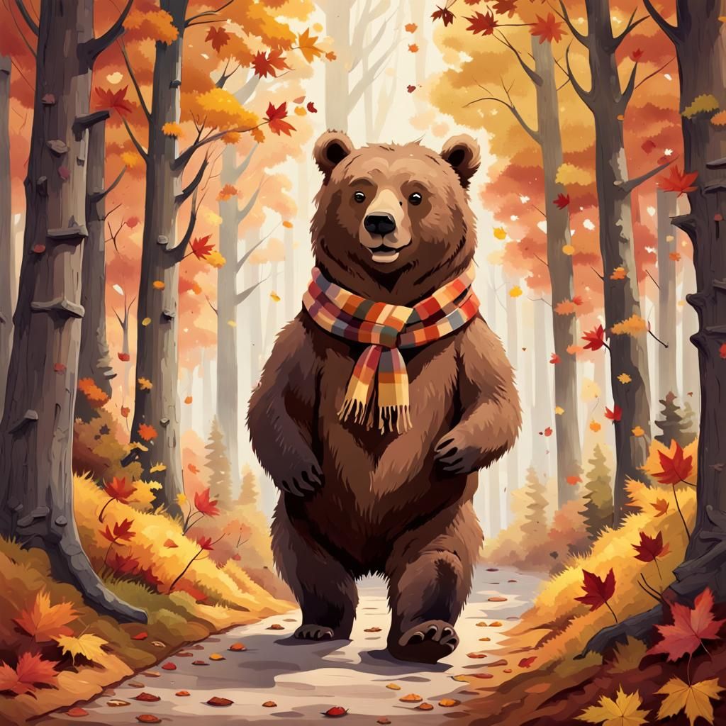 Brown Bear's Autumn Stroll in a Cozy Forest