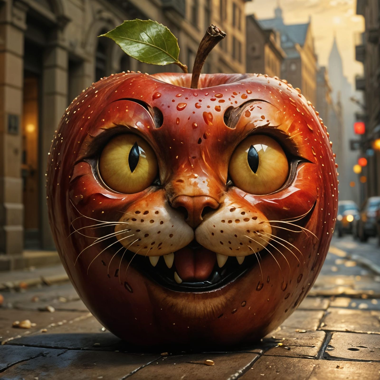Furry Red Apple with Joyful Feline Face