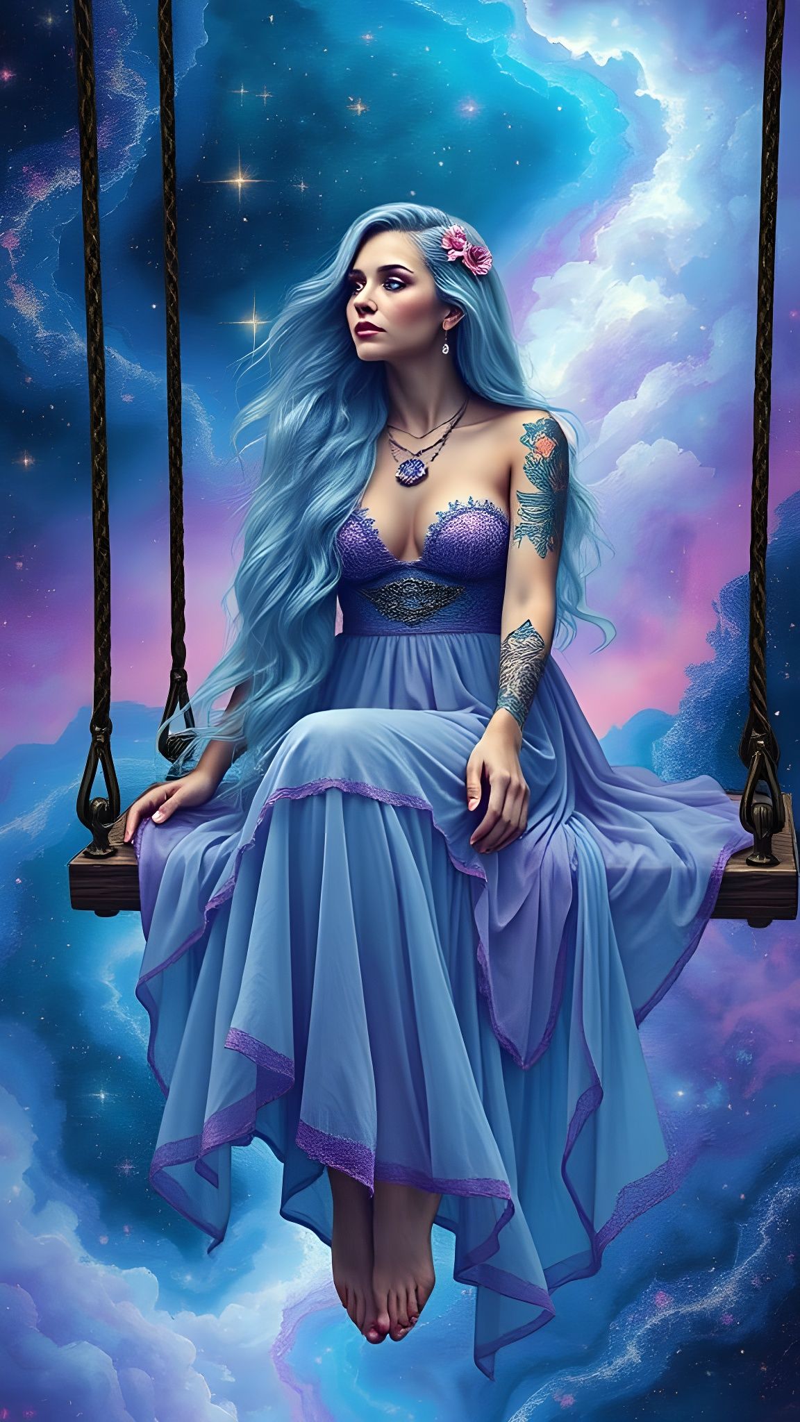 Boho-Gothic Woman in Cosmic Storm: Digital Artwork