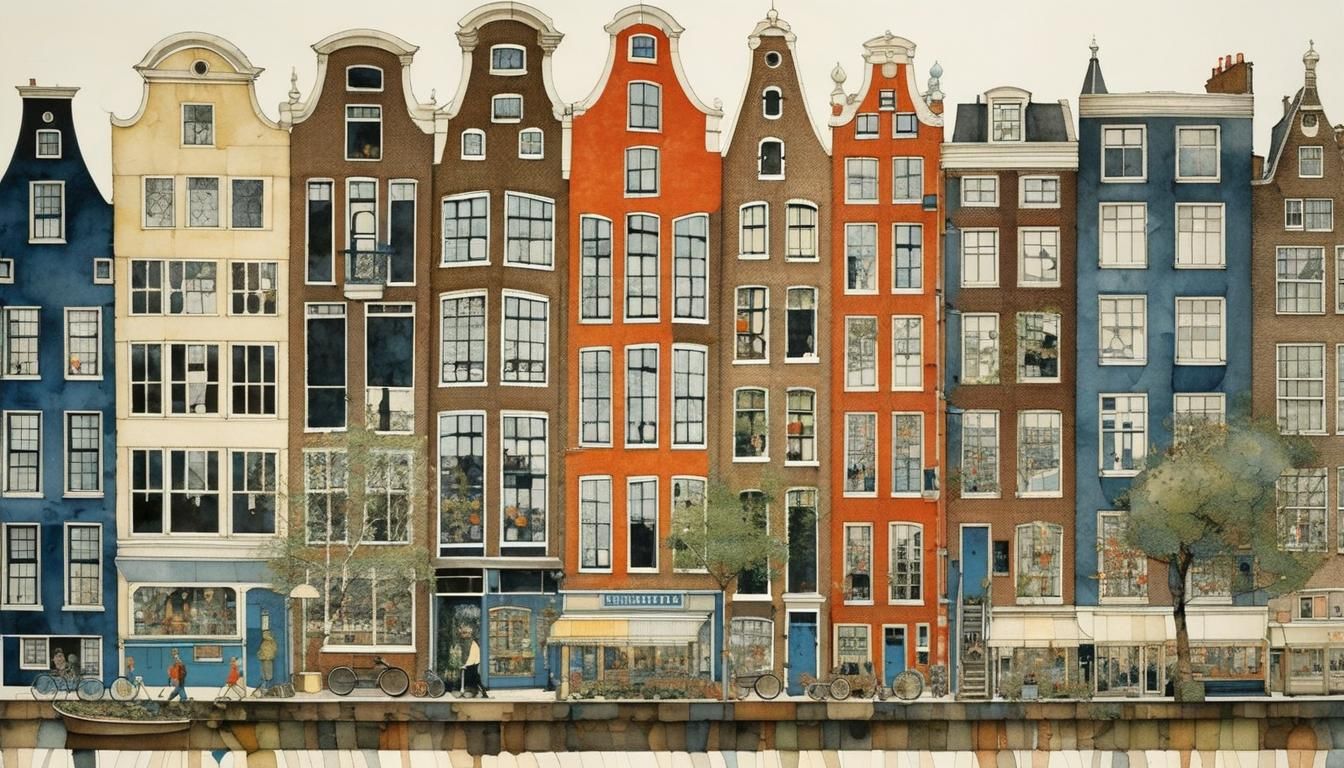 Whimsical Amsterdam Streetscape in Nostalgic Blueprint Style