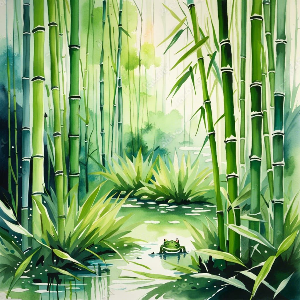 Lush Bamboo Forest Watercolor Painting with Toads