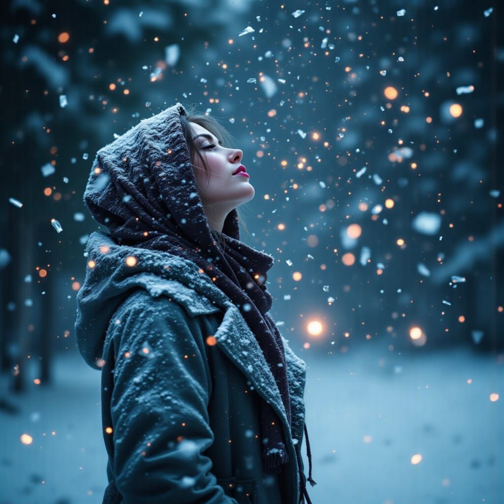 Crystalline Figure in Falling Snow: Surreal Cinematic Style