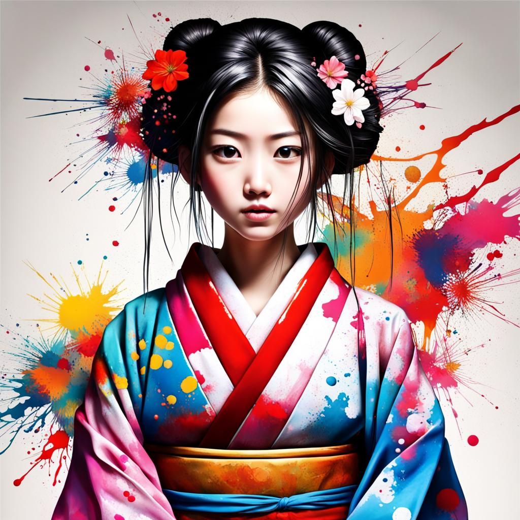Kimono Woman in Paint Splash Art