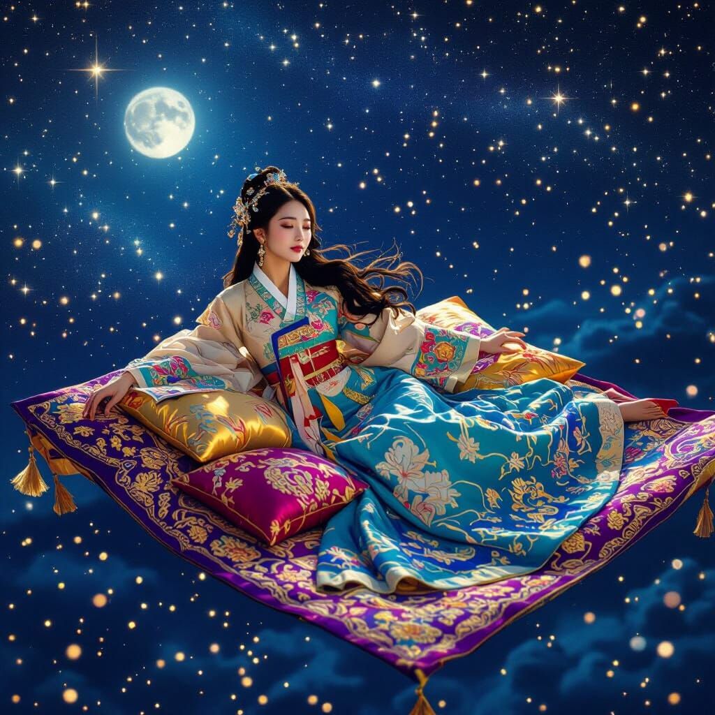 Korean Woman in Hanbok Rides Magic Carpet Through Starry Nig...