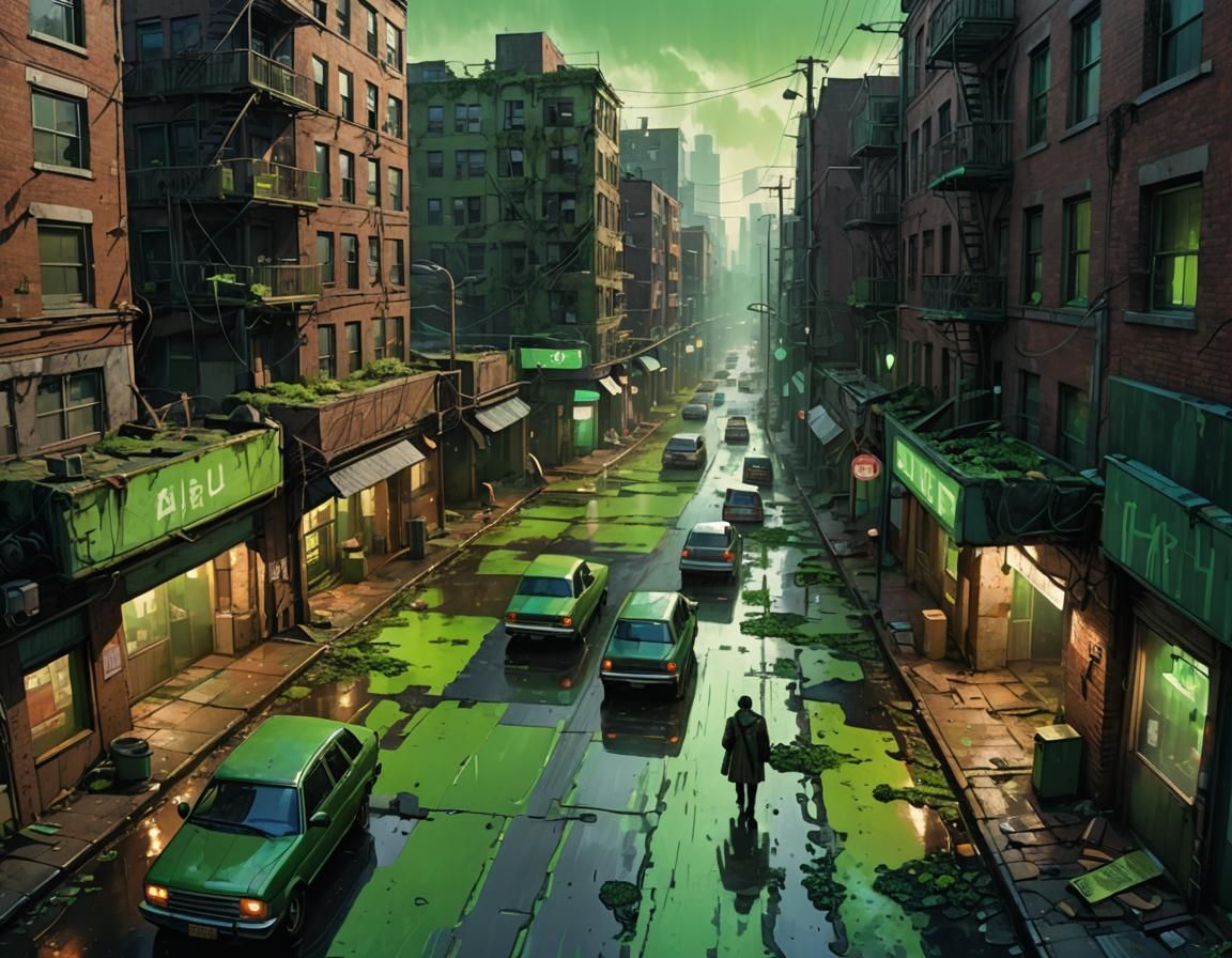 Dystopian Cityscape Digital Painting with Green Sky
