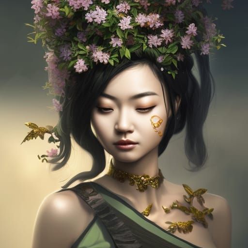 Intricate Asian Goddess with Castle, Digital Art