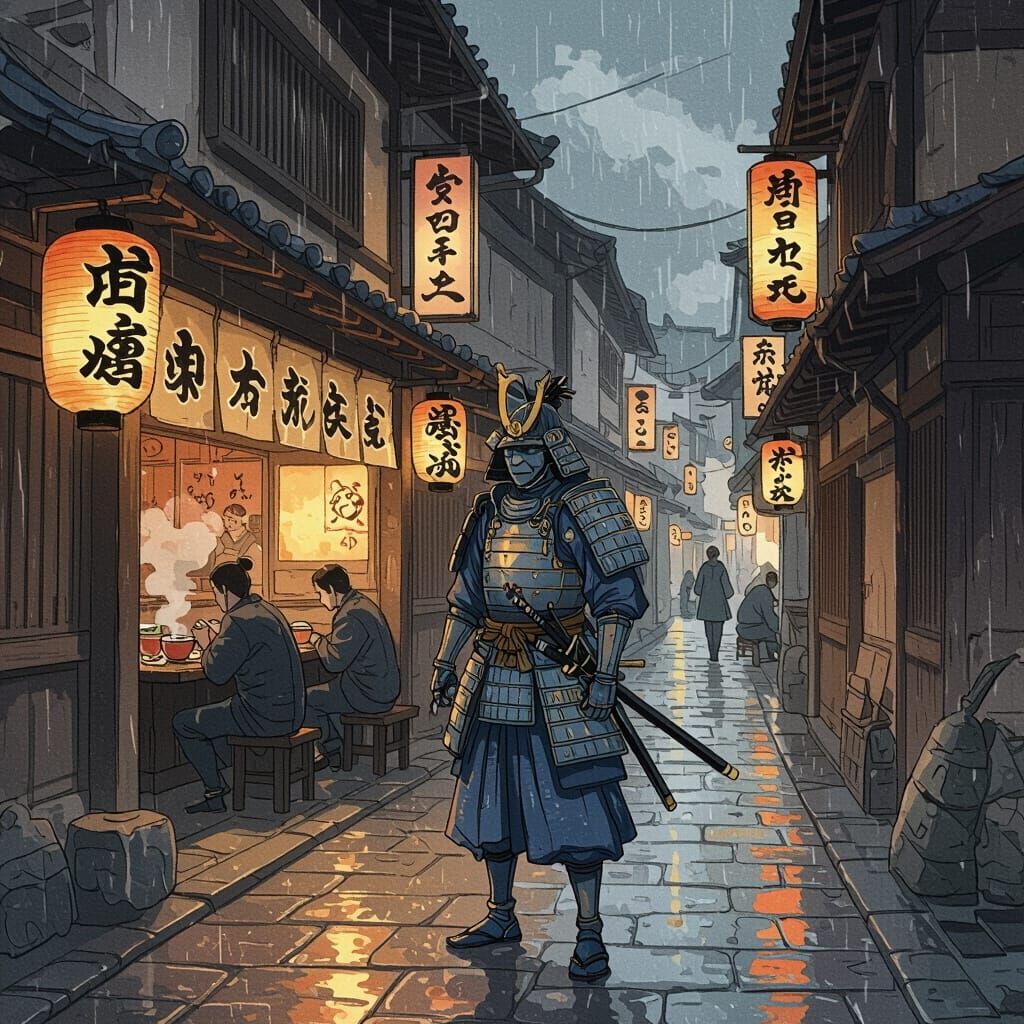 Samurai Warrior at Edo Tavern in Japanese Woodblock Style