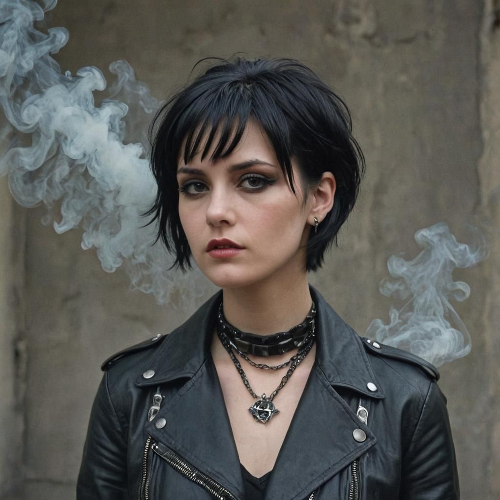 Goth Girl Portrait with Metalwork Jewelry, in VHS Style