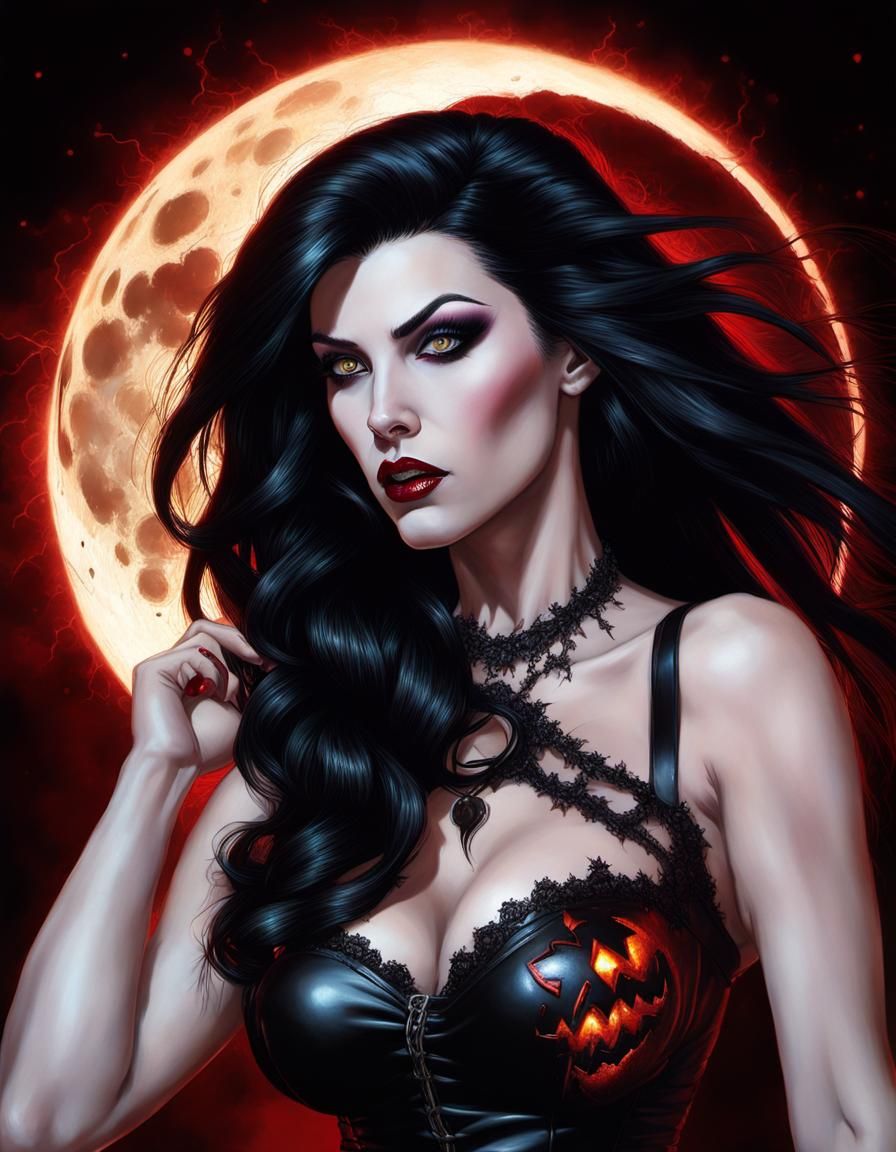 Vampira Splattercore Portrait Beneath Halloween Moon