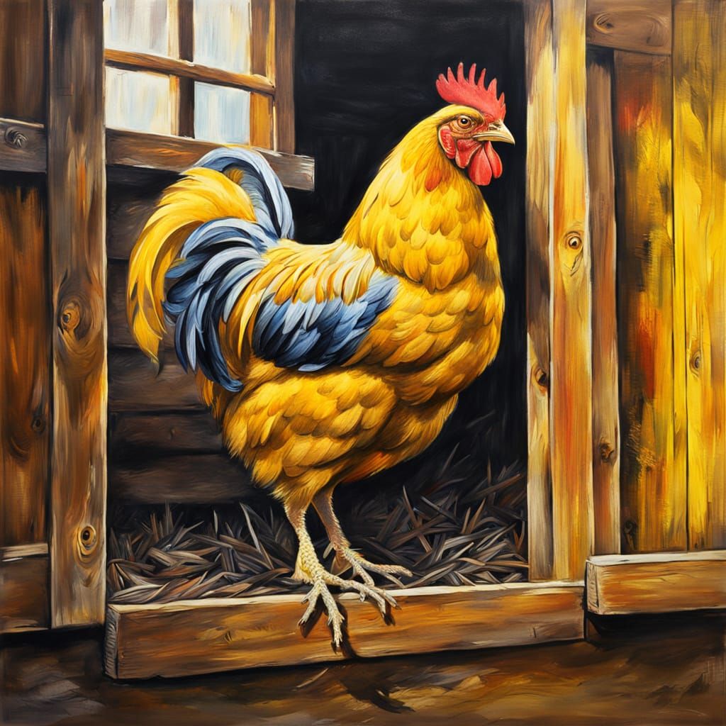 Yellow Chicken in Coop: Epic Impressionist Gouache