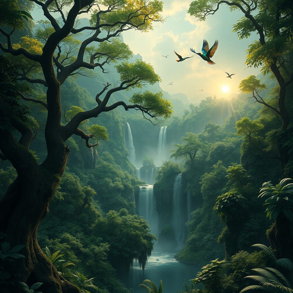 Mystical Realm of Emerald Forests and Majestic Waterfalls