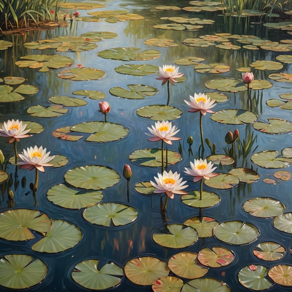 Water Lilies in Impressionist Style with Dramatic Lighting