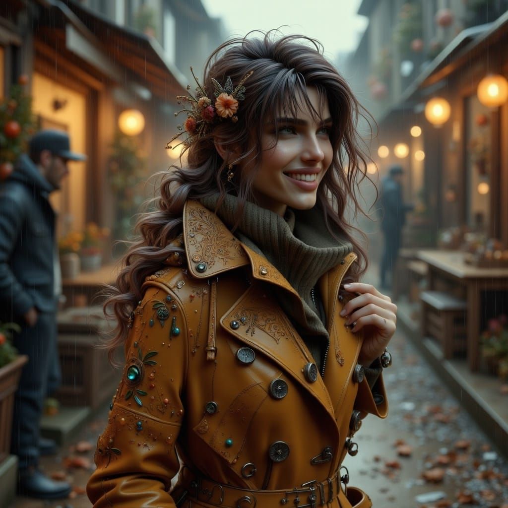 Woman Smiling in Rainy Street Scene in Art Nouveau Punk Styl...
