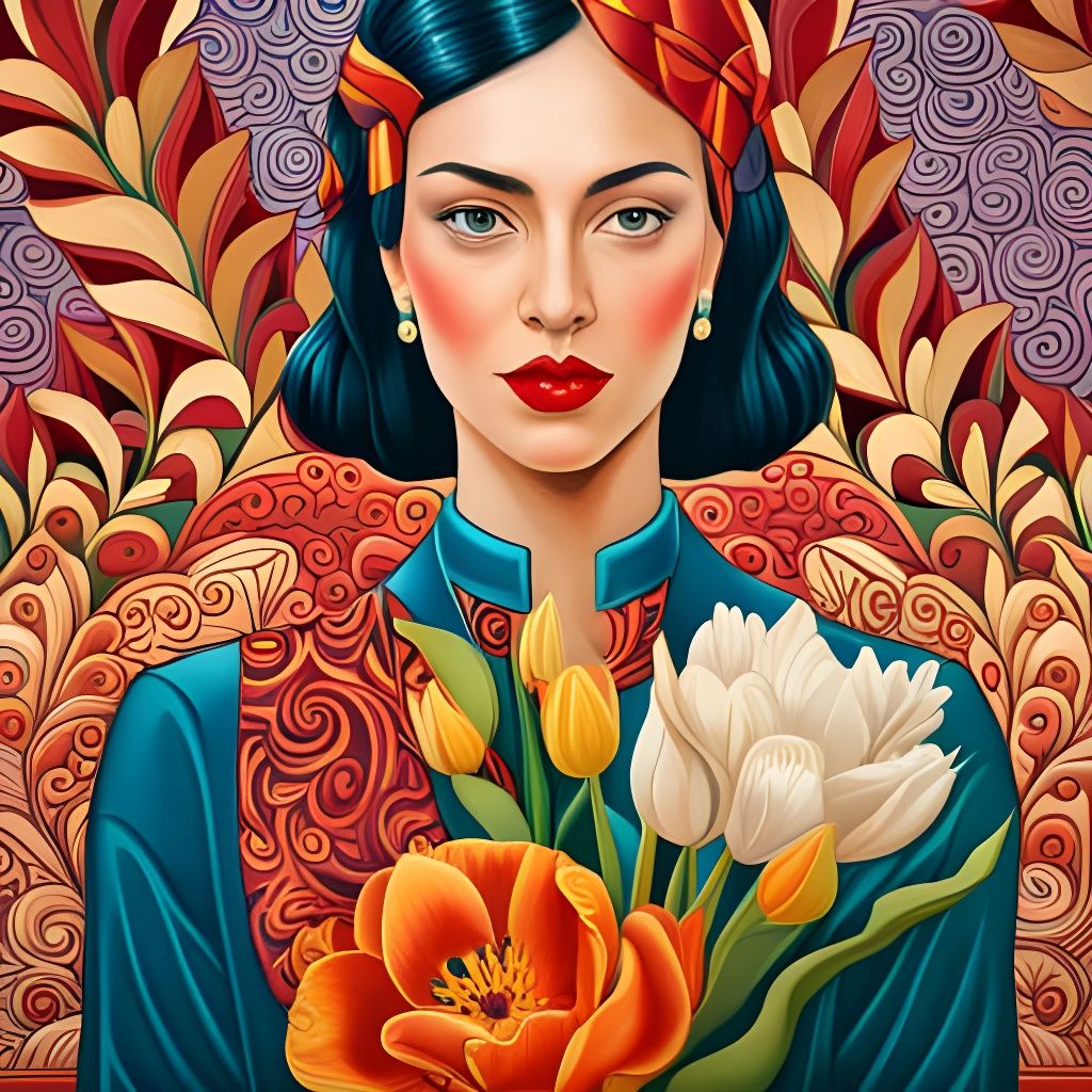 Elegant Woman Portrait with Tulips by James Jean