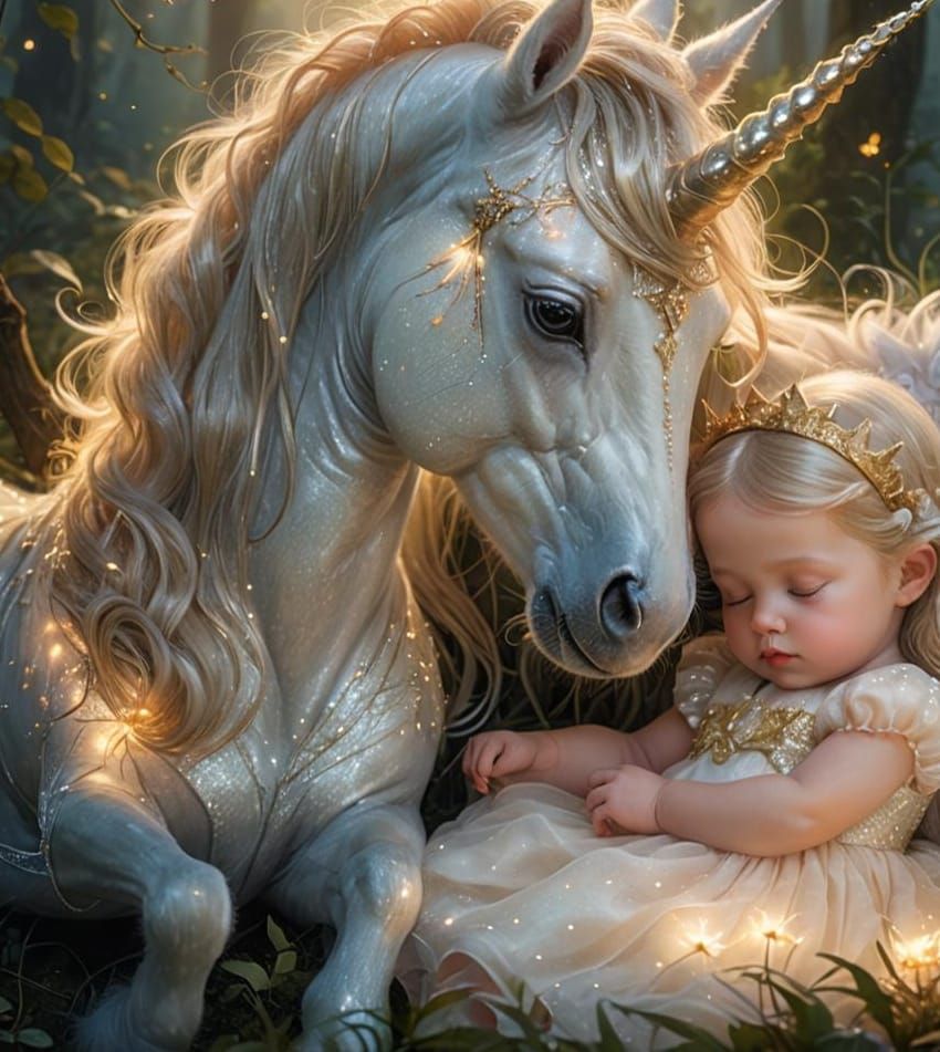 Baby Princess Sleeping with Magical Unicorn Pet