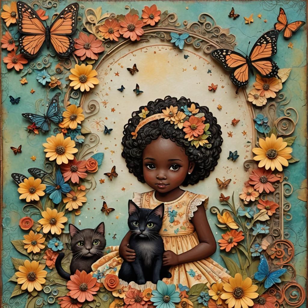 Melanin Child with Kitten, Flowers and Butterflies