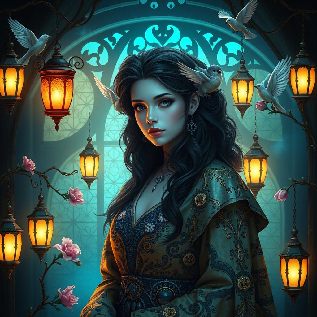 Enchanting Sorceress in Baroque Dollhouse Scene