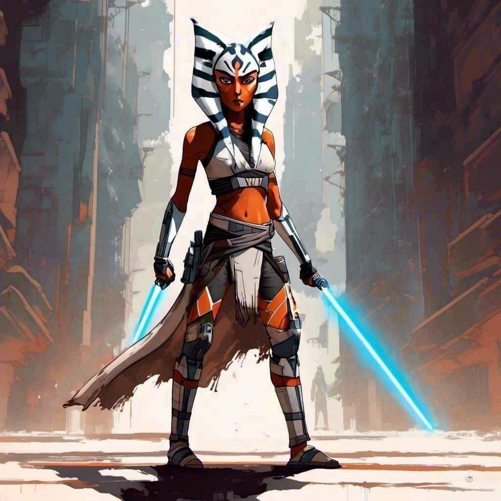Ahsoka Tano Ready to Fight in Watercolor Style