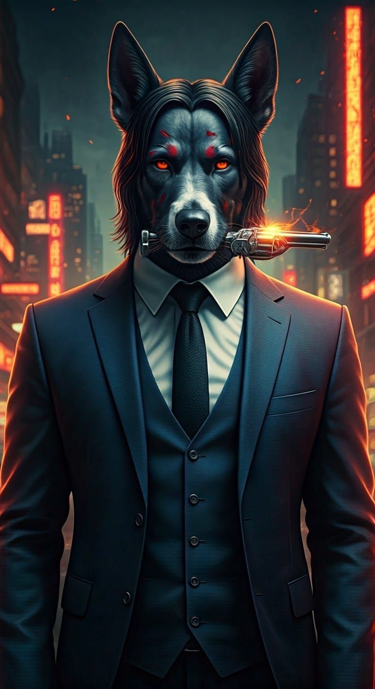 Canine John Wick in Neon Cityscape