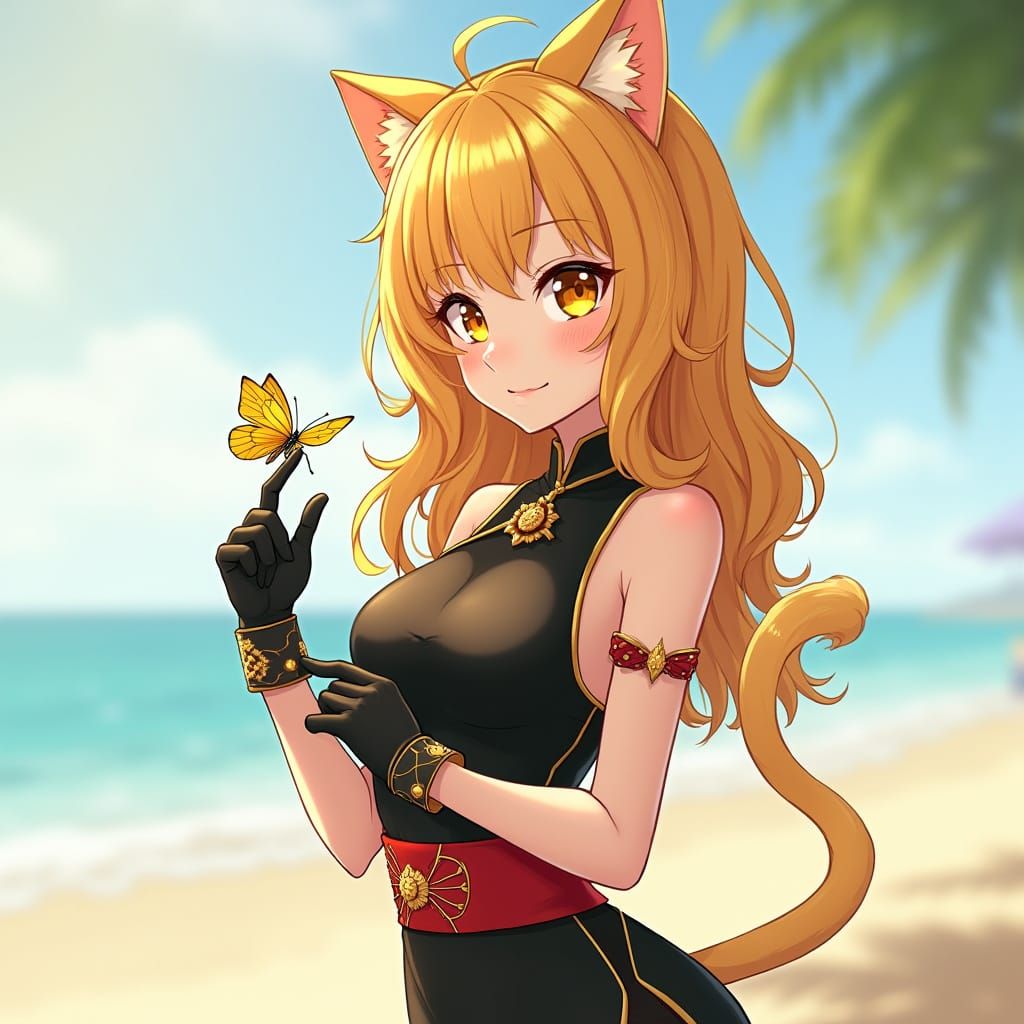 Elegant Manga-Inspired Beauty with Butterfly and Beach Backd...
