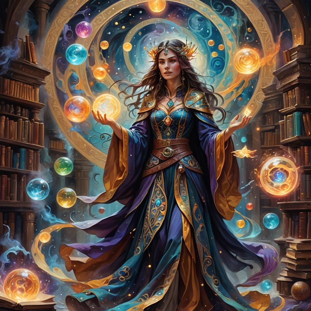Regal Sorceress Surrounded by Mystical Orbs