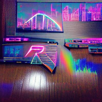 Synthwave Cityscape with Rainbows and Neon Lights