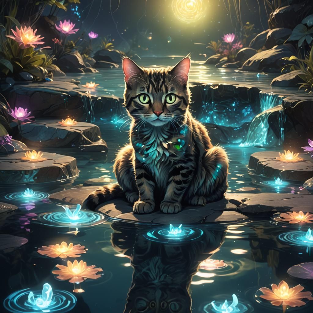 Bioluminescent Cat in Shimmering Pool: Fantasy Concept Art