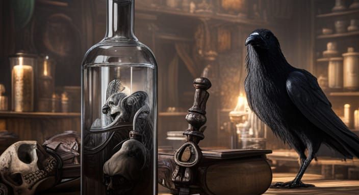 Raven and Skull Apothecary Bottle in Art Nouveau Style