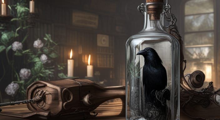 Raven and Skull in Apothecary Bottle, Impasto Art
