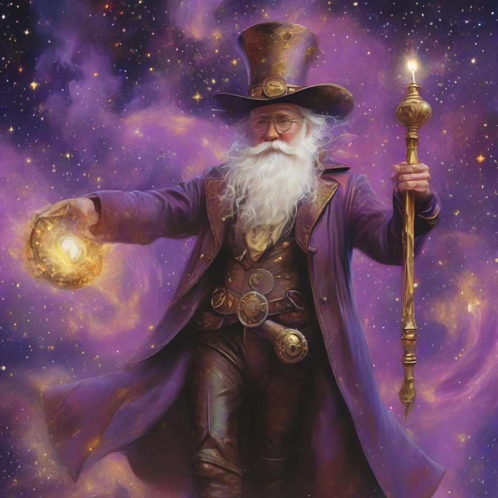Steampunk Wizard Rides Broom Through Nebula