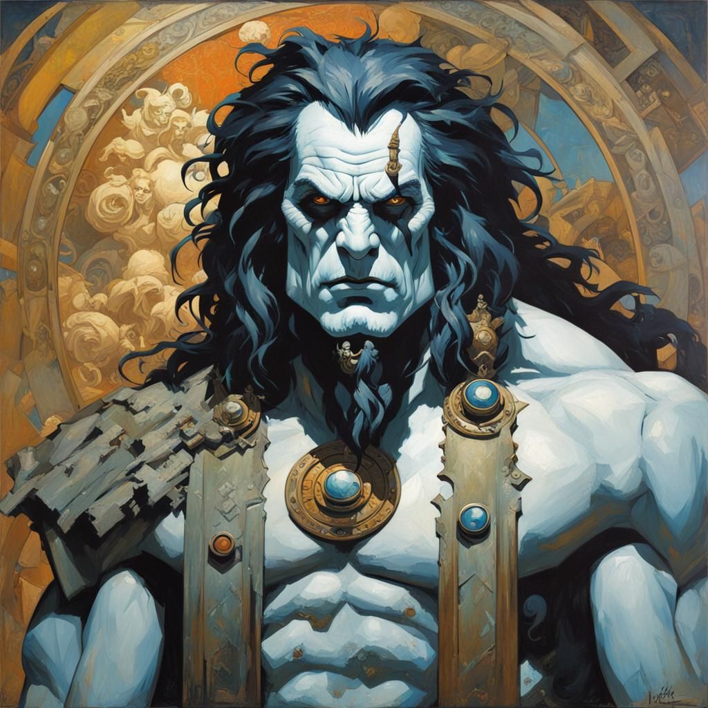 DC Comics Lobo the last czarnian head and torso in a modernist Alphonse Mucha painting