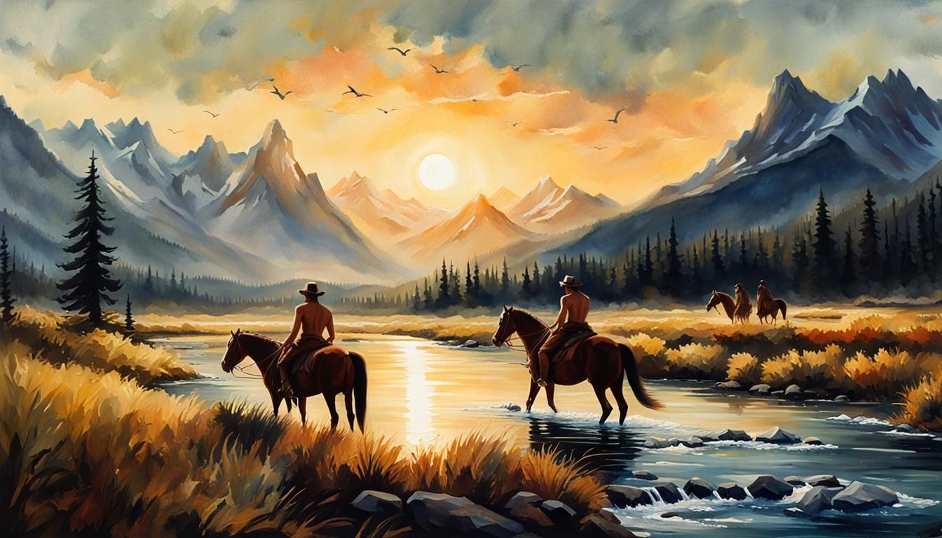 Naked Cowboys Bathe: Watercolor River Scene