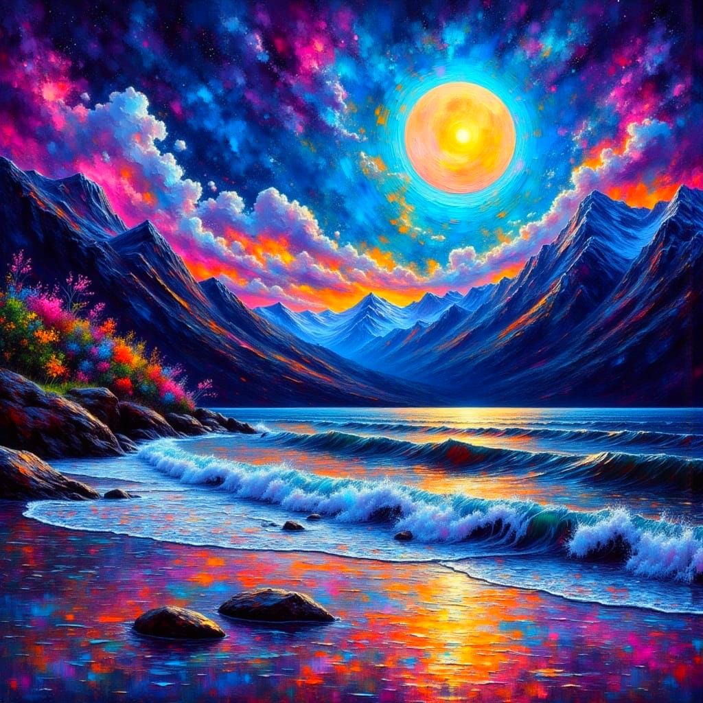 Surreal Mountain Beach Scene Under Vibrant Moonlight