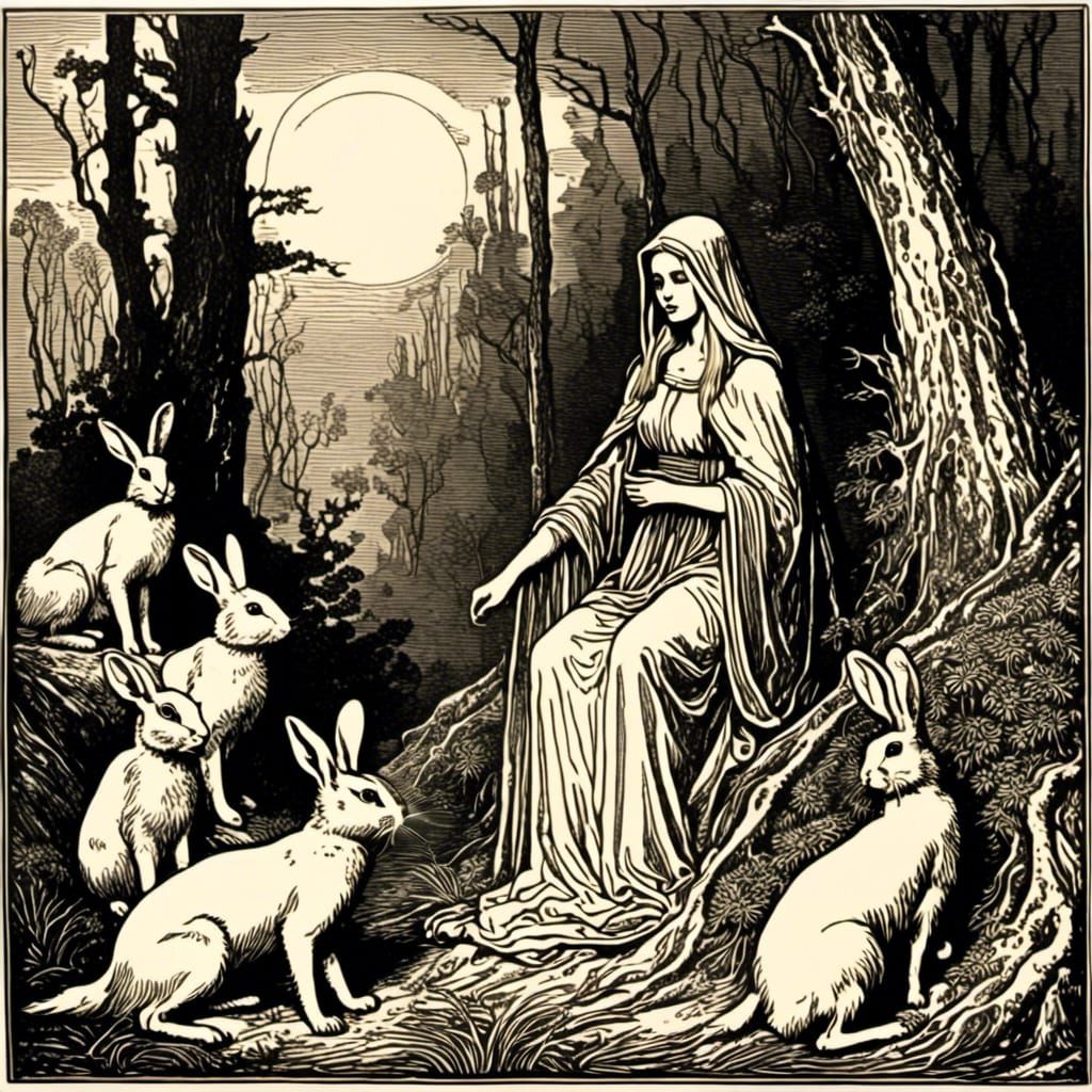Druid Heals Rabbits: Medieval Woodcut Style