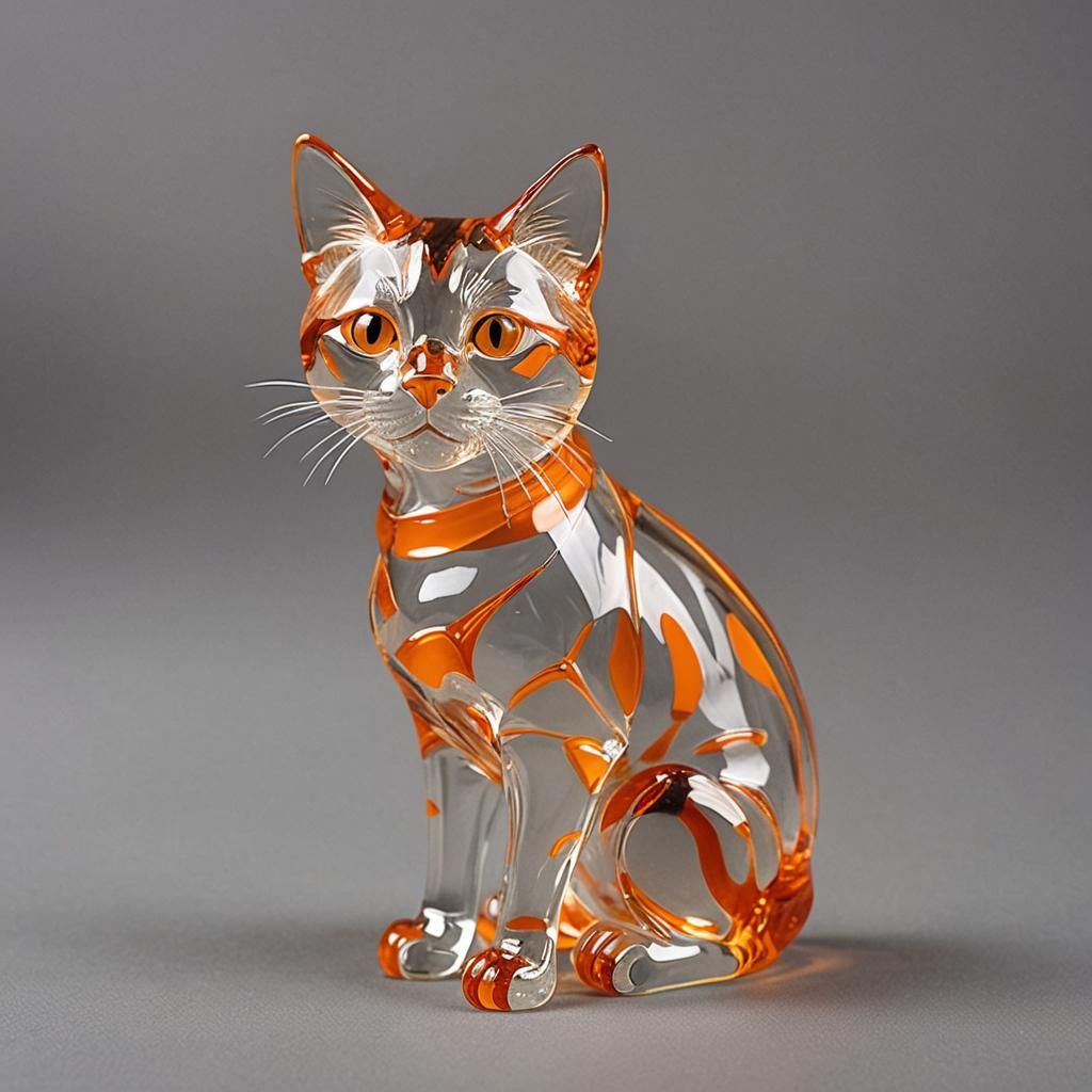 Glass Cat Sculpture: Orange and Clear Art