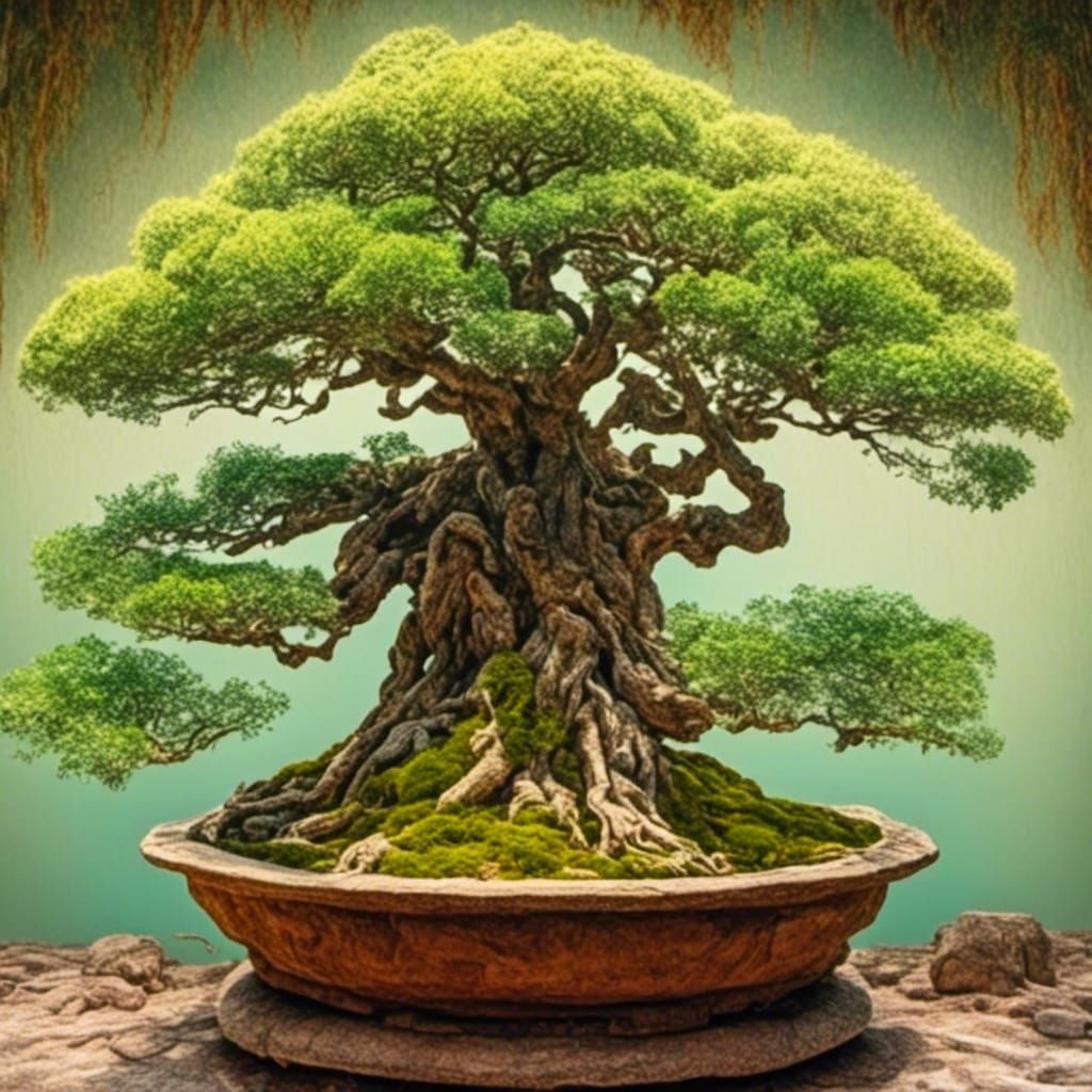 <lora:TRee LoVers:1.0> Bonsai tree in an open pot in Gouache Style, Watercolor, Museum Epic Impressionist Maximalist Mas...