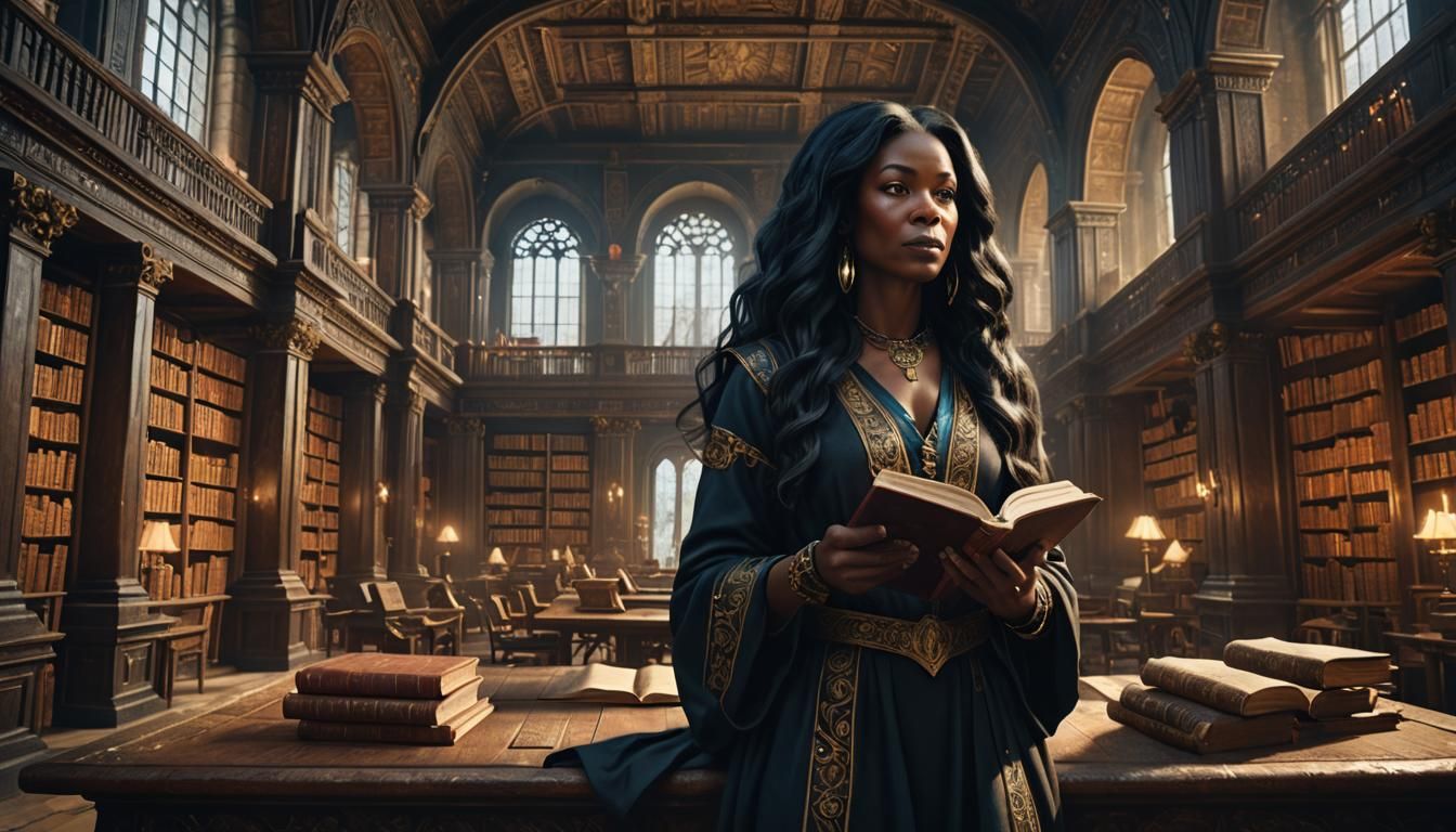 Black Woman Reading in Ancient Library: Fantasy Concept Art