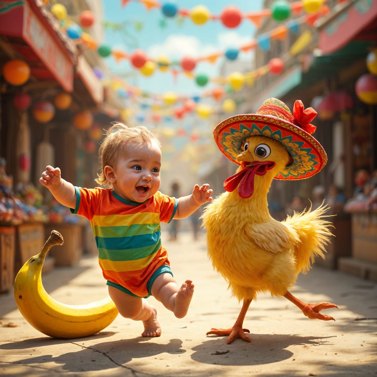 Joyful Baby and Chicken Dance Together in Vibrant Fiesta Sce...