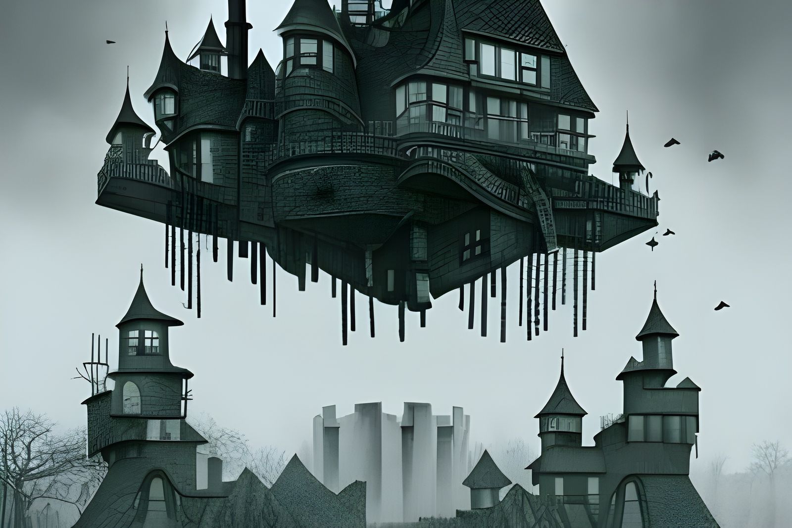 Surreal Floating House in Suburban Hellscape