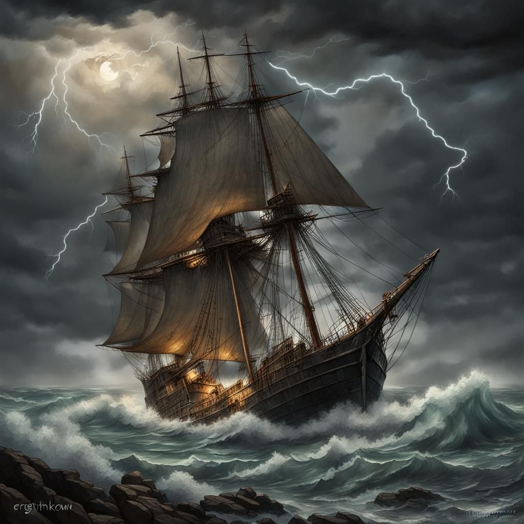 Stormy Seas: Sailing Ship Wreck in Fantasy Art