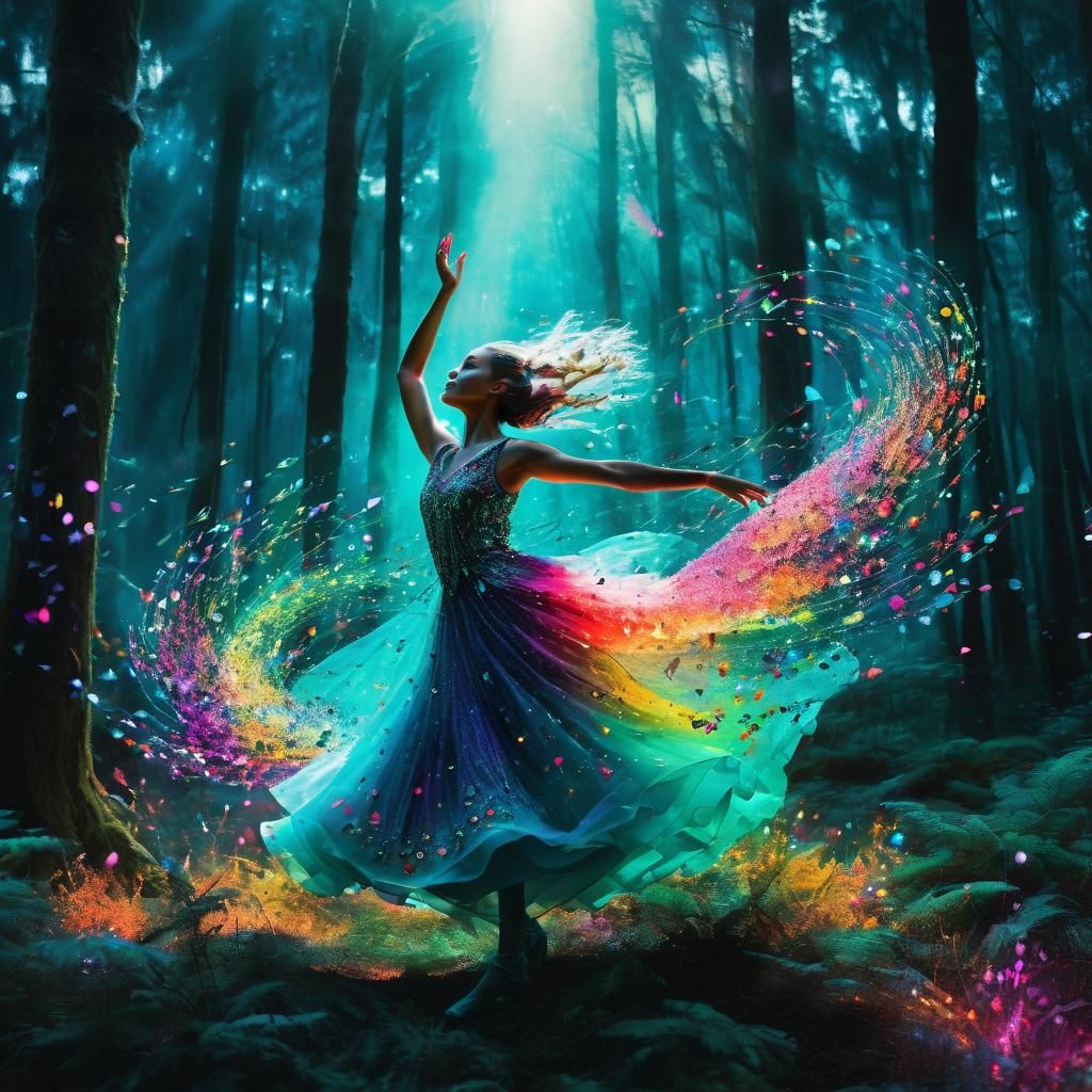 Ethereal Woman Dancing in Jeweled Forest: Pop Art