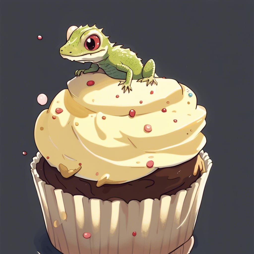 Lizard Eating Cupcake in Studio Ghibli Style