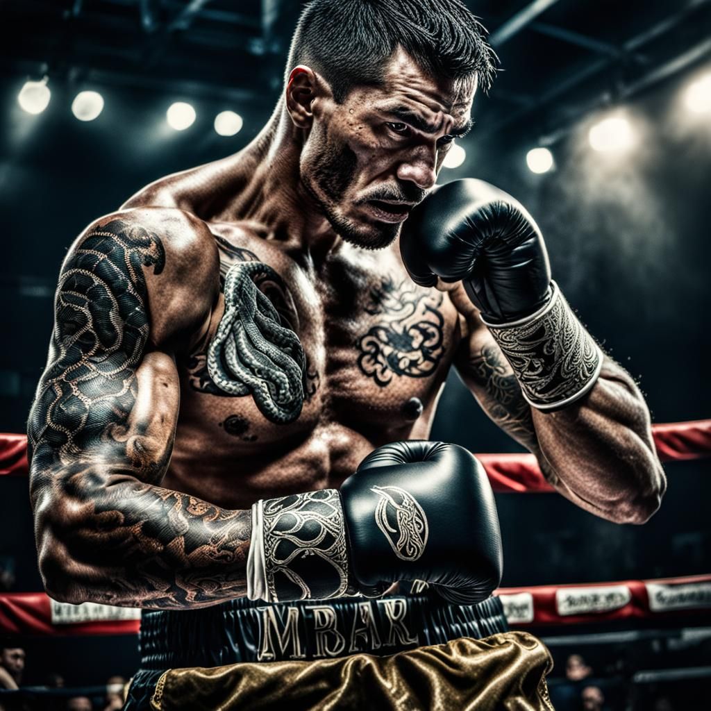 Hyperrealistic Boxer with Snake Tattoo in Ring