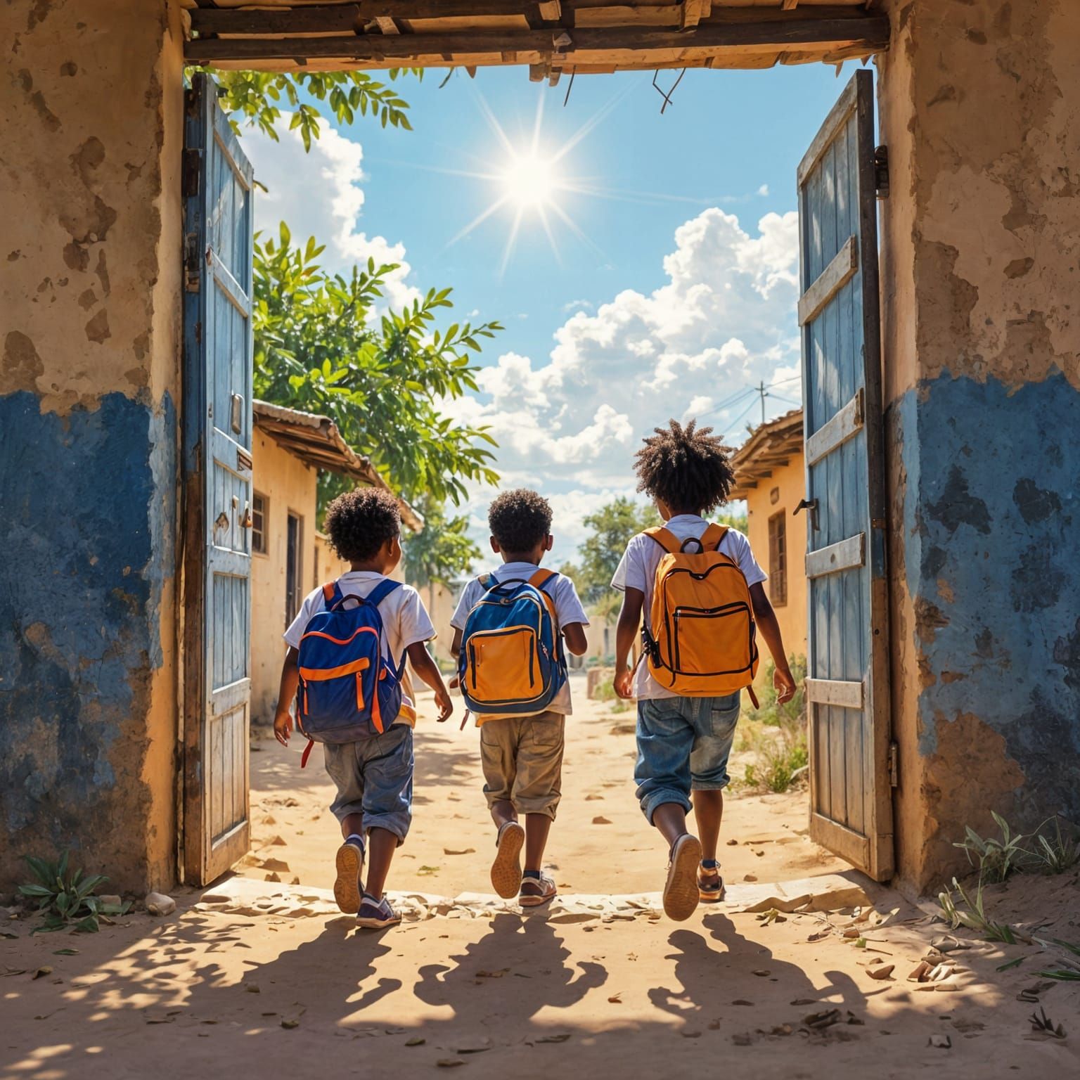 African Children Running to School at the Gate