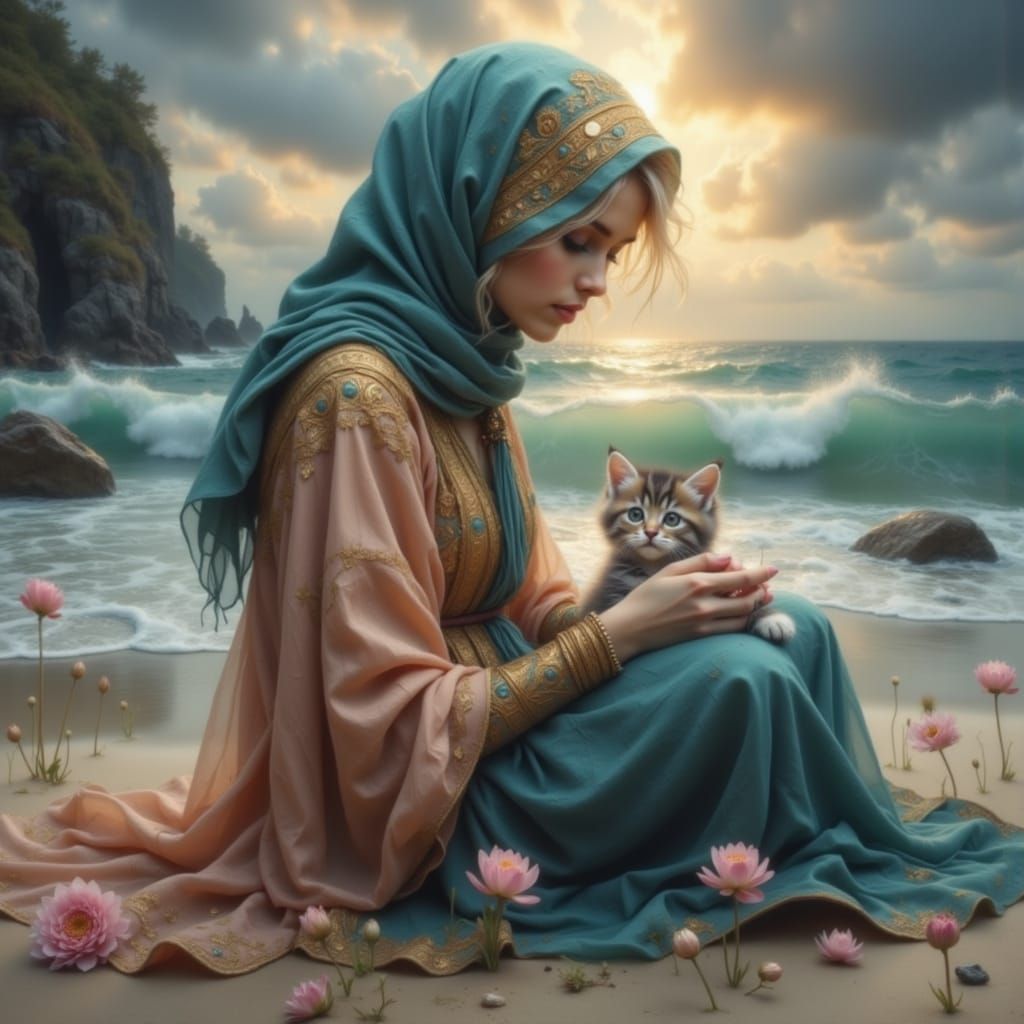 Cute Kitten and Girl on Beach with Lotus Flowers