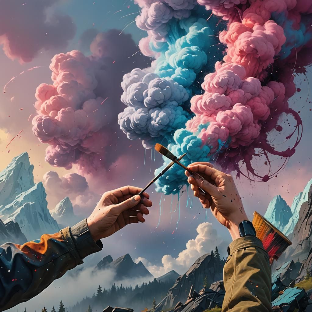 Artist Painting Swirling Clouds in Fantasy Landscape