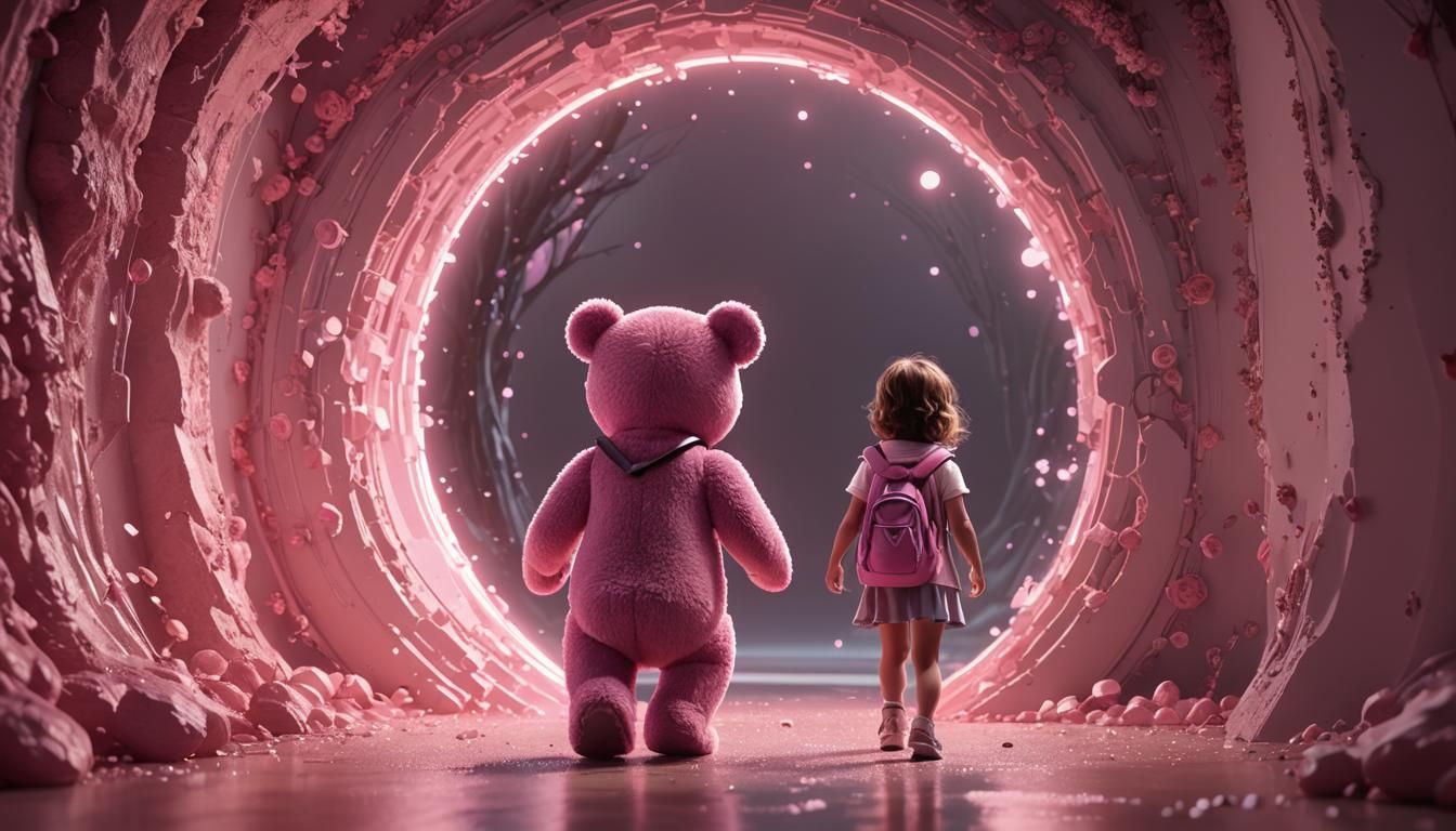 Teddy Bear and Girl Enter Magical Portal