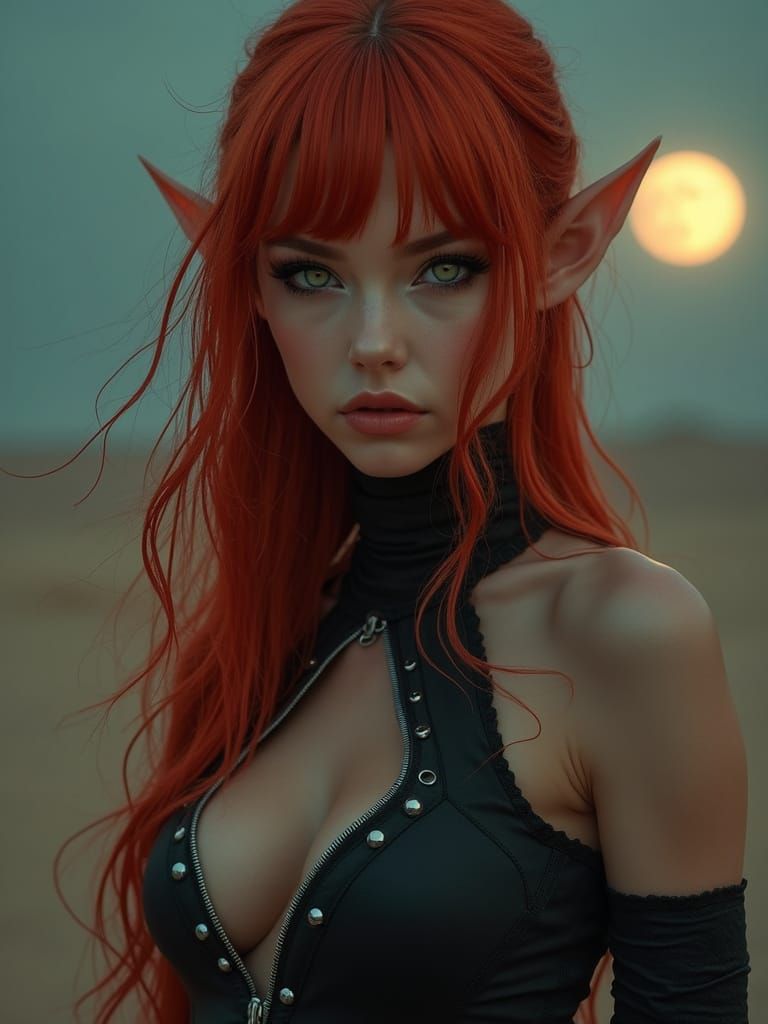 Magical Moonlit Elf Portrait with Red Hair