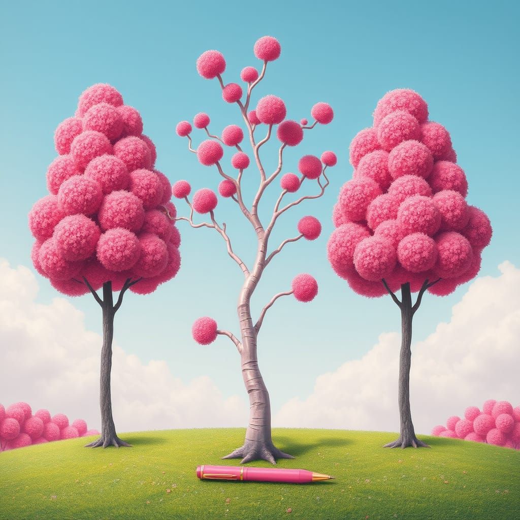 Whimsical Pink Trees With Pen in Surreal Fantasy Style