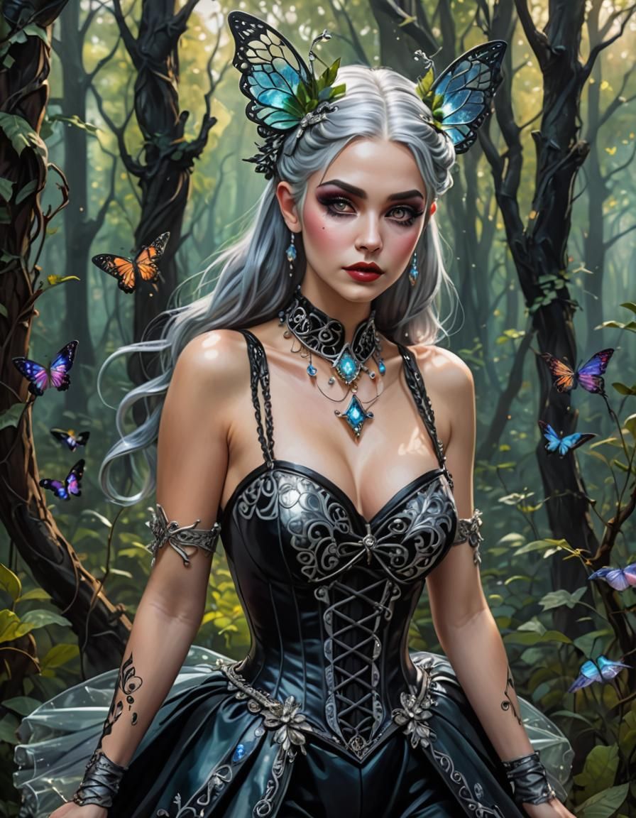 Gothic Pin-Up Pixie Girl in Crystal Forest